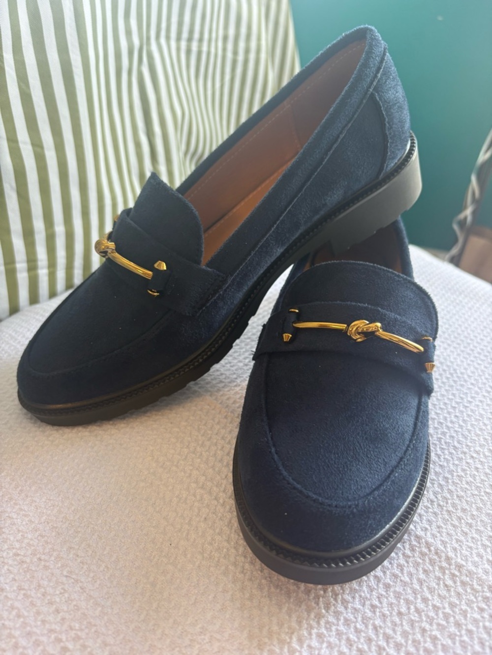 Women’s Navy Suede Loafers with Gold Accent